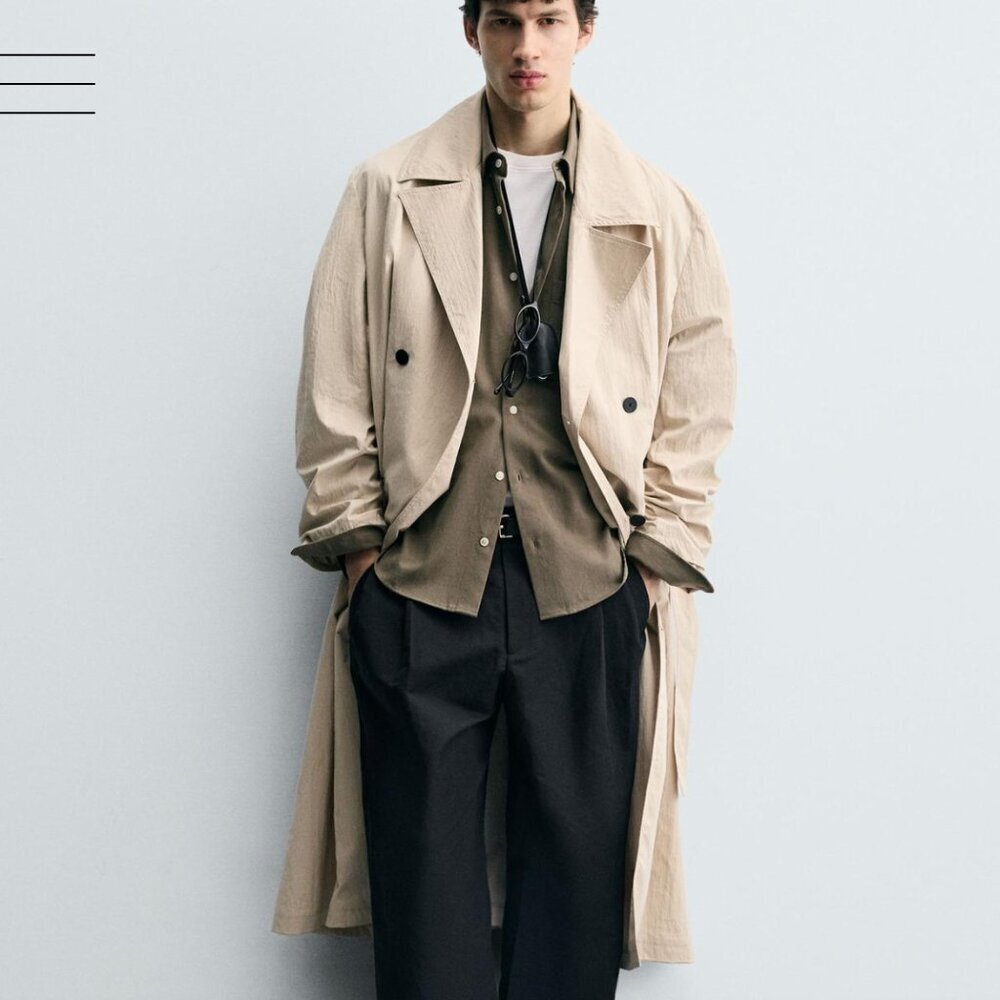 Zara Men's Oversized Fit Trench Coat Crinkle Tan Lightweight NWT S-M Size - Picture 14 of 14